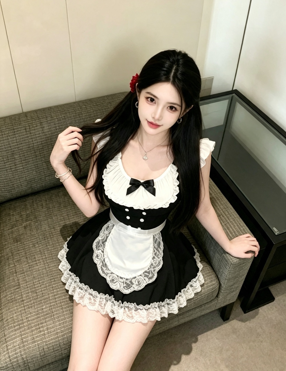 Splice lovely dress lace black-white night dress a set