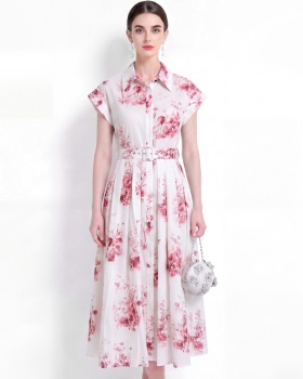 Pinched waist with belt dress printing A-line shirt