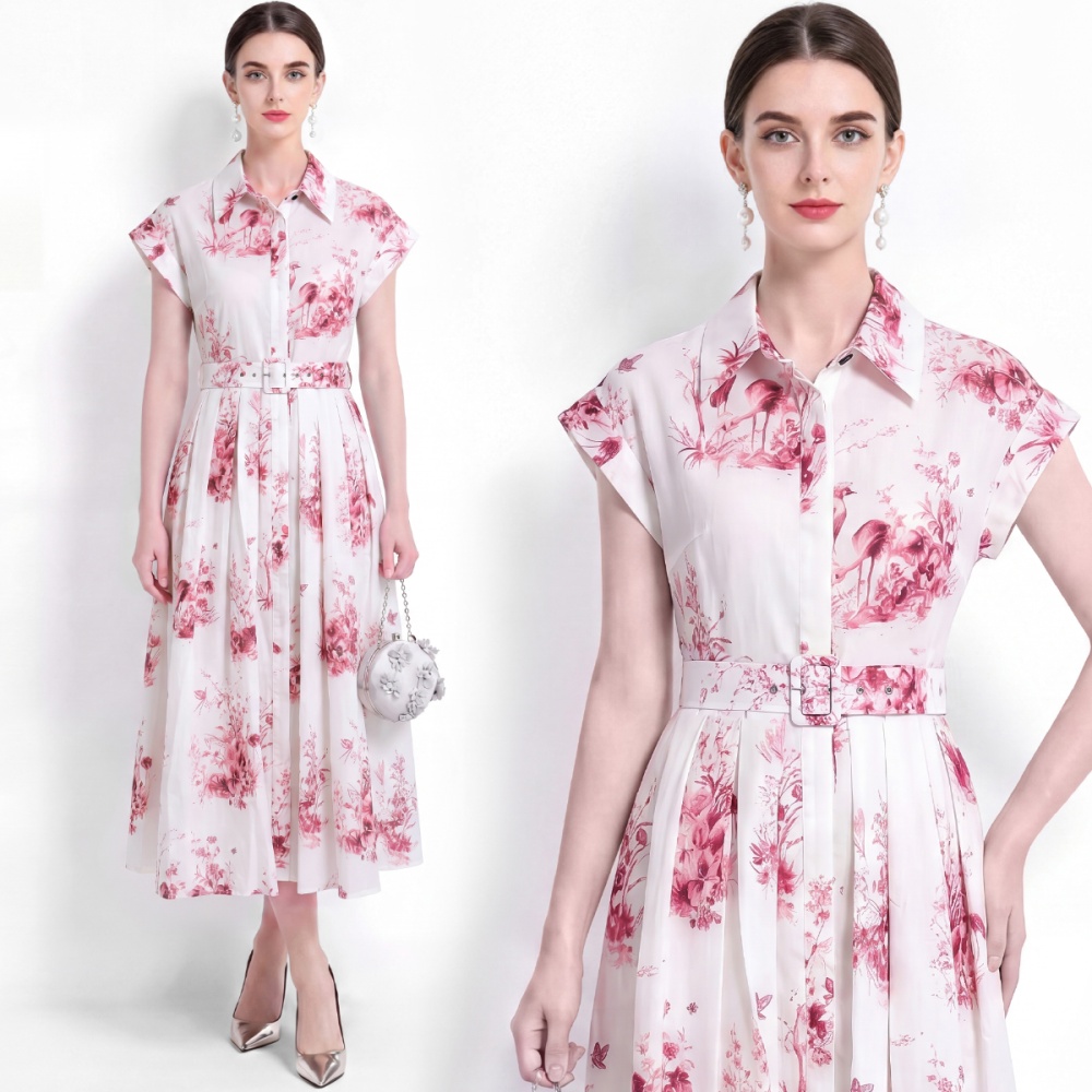 Pinched waist with belt dress printing A-line shirt