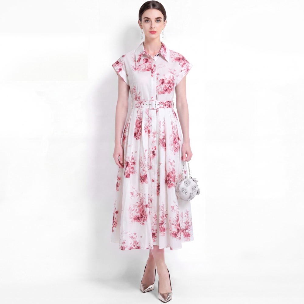Pinched waist with belt dress printing A-line shirt
