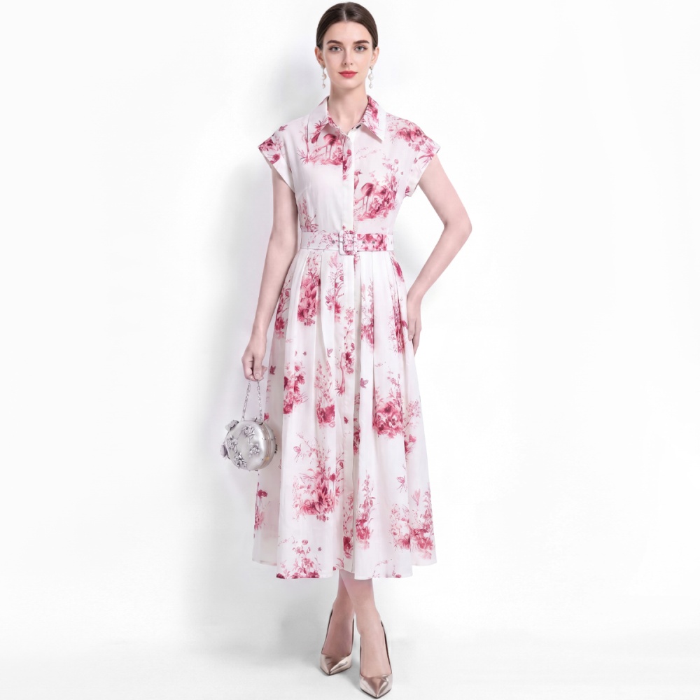 Pinched waist with belt dress printing A-line shirt