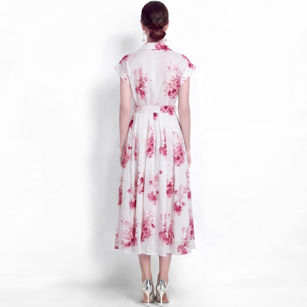 Pinched waist with belt dress printing A-line shirt