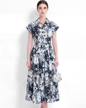 With belt elegant dress printing pinched waist shirt