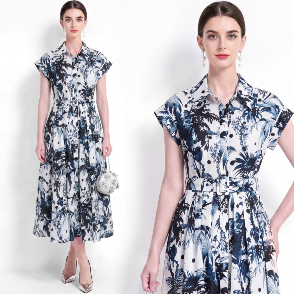 With belt elegant dress printing pinched waist shirt