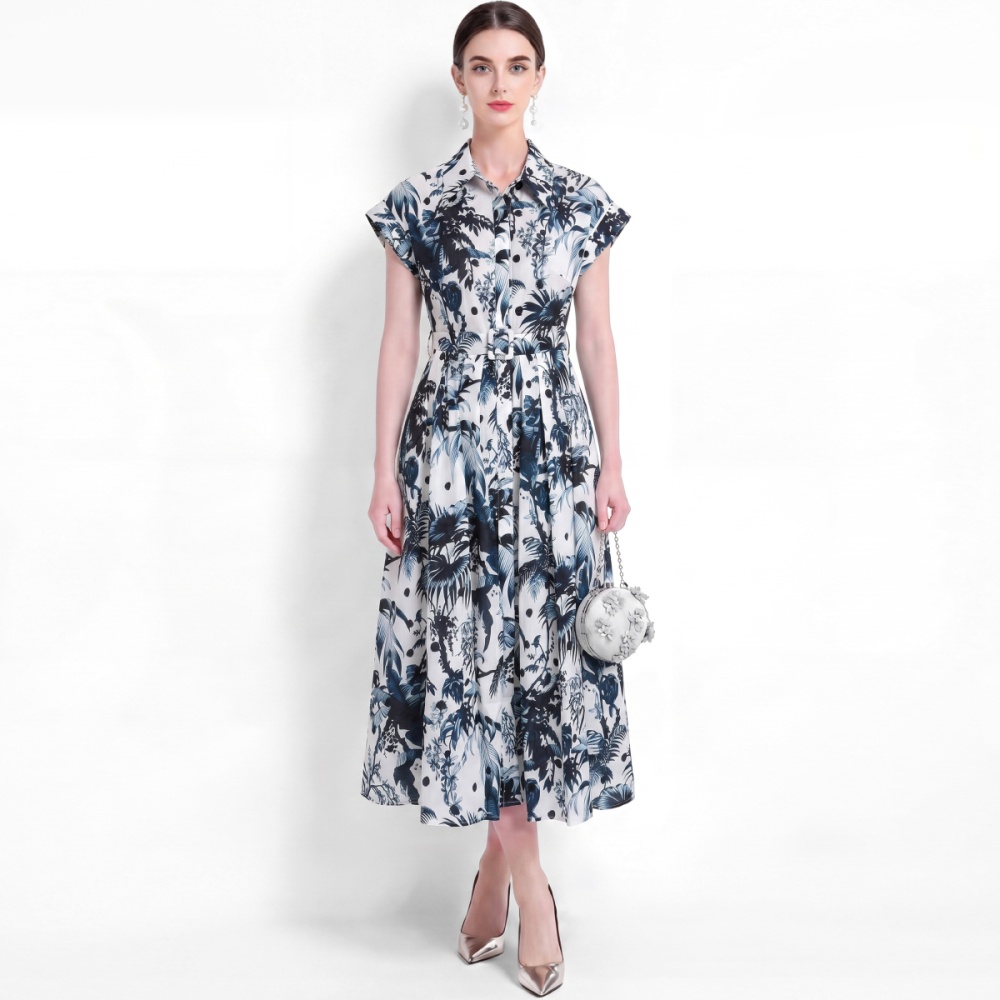 With belt elegant dress printing pinched waist shirt