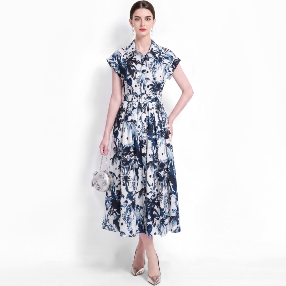 With belt elegant dress printing pinched waist shirt