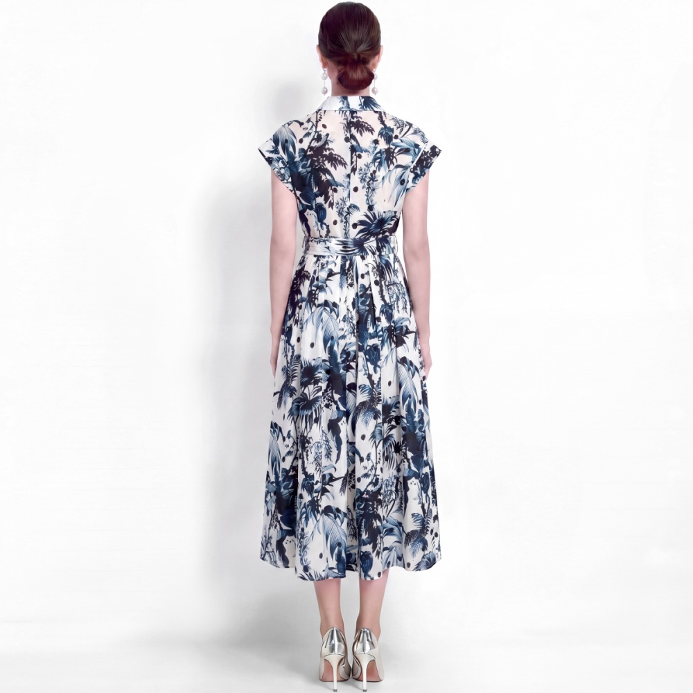 With belt elegant dress printing pinched waist shirt