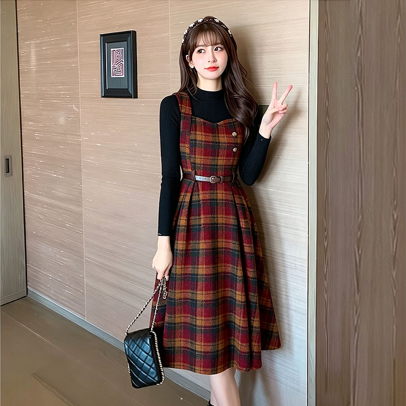 Knitted tops red cell pattern dress 2pcs set for women