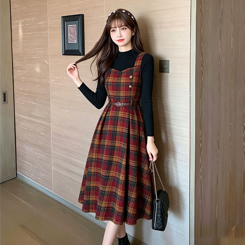 Knitted tops red cell pattern dress 2pcs set for women