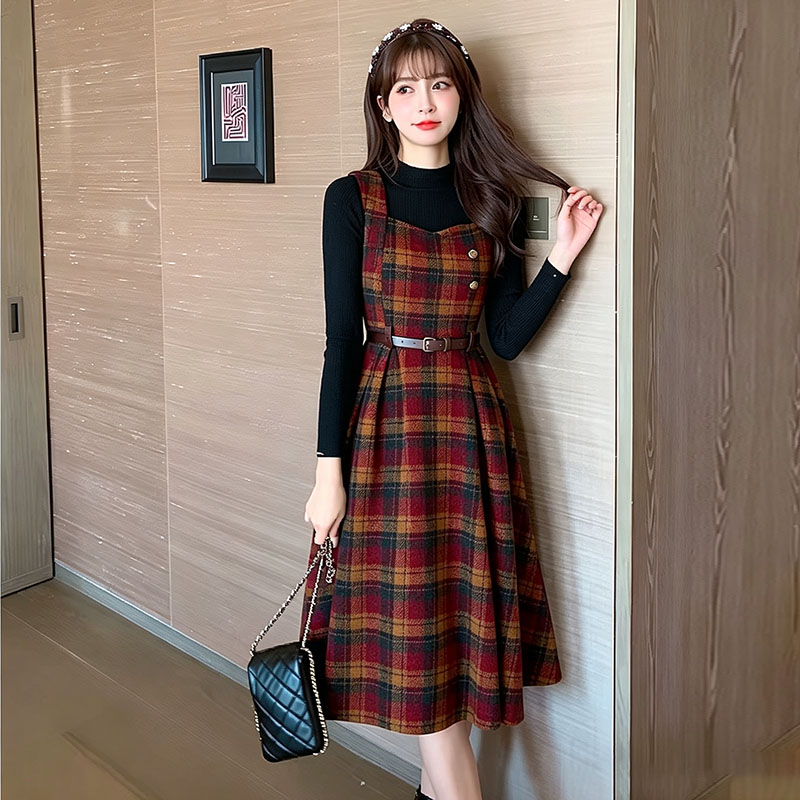 Knitted tops red cell pattern dress 2pcs set for women