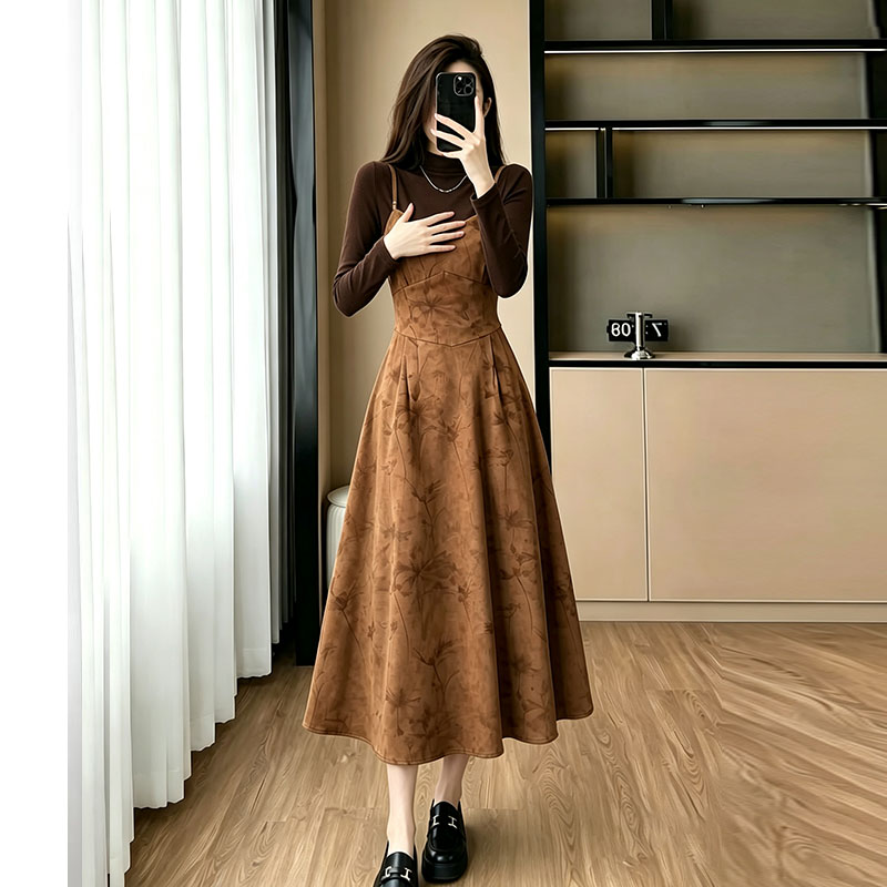 Sling knitted dress velvet autumn tops 2pcs set for women