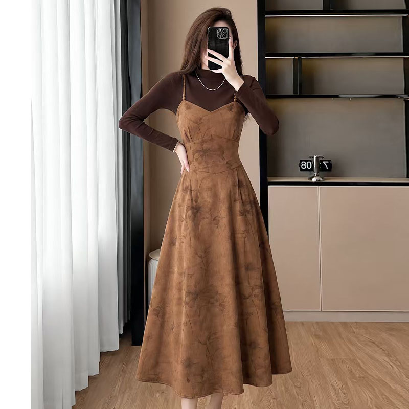 Sling knitted dress velvet autumn tops 2pcs set for women