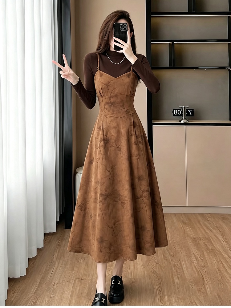 Sling knitted dress velvet autumn tops 2pcs set for women