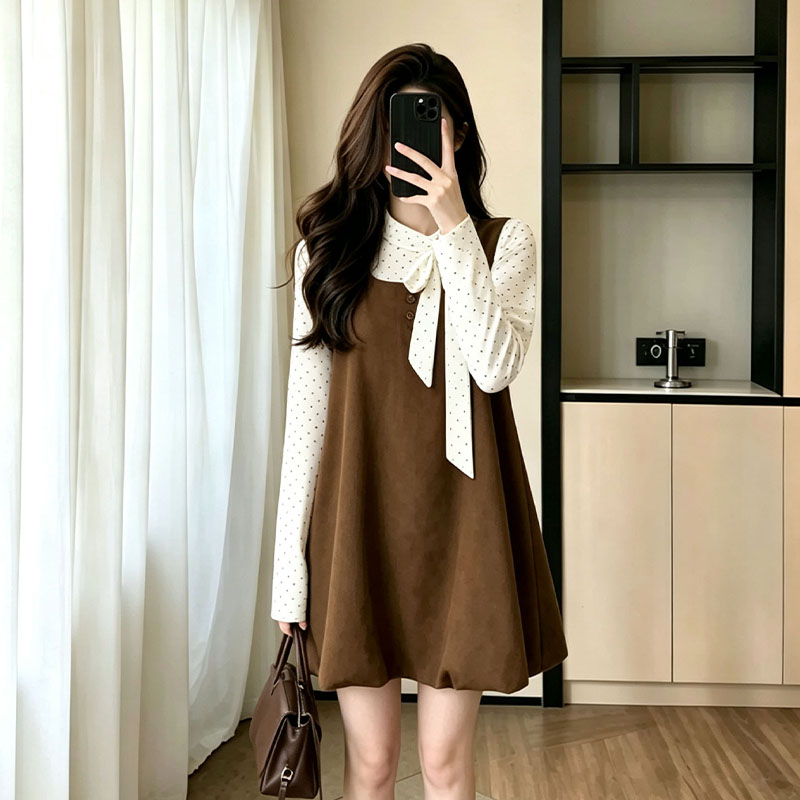 Retro Korean style tops sleeveless show young dress 2pcs set