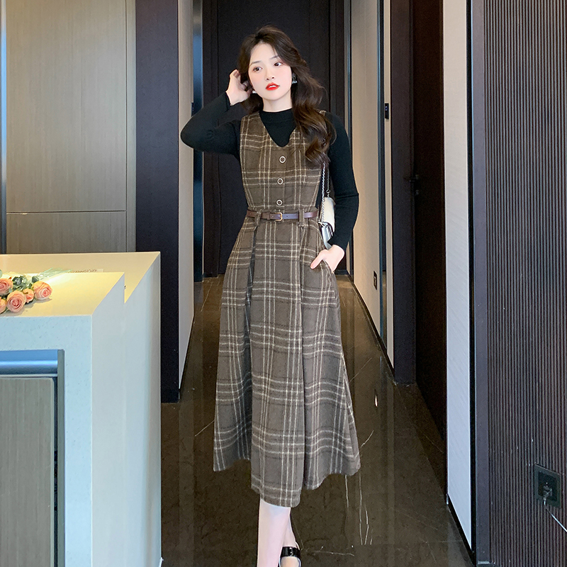 Pinched waist dress autumn and winter overcoat 2pcs set