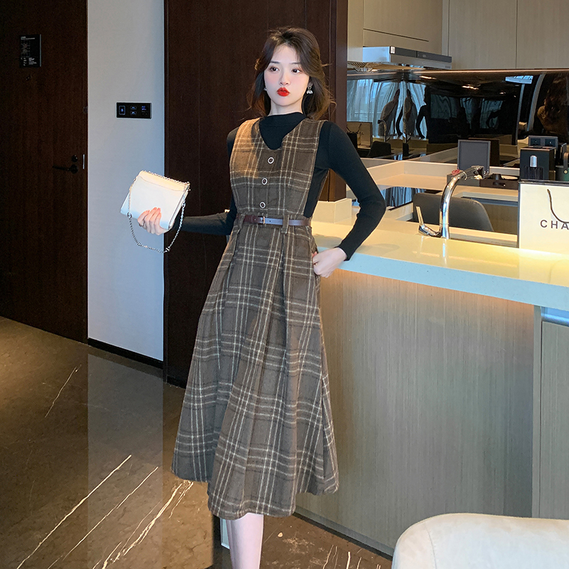 Pinched waist dress autumn and winter overcoat 2pcs set