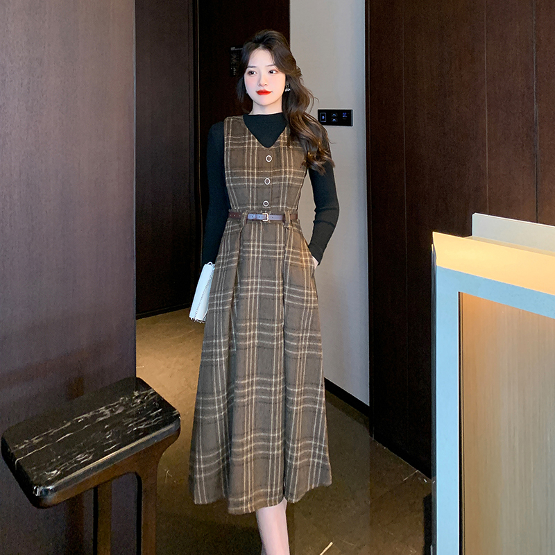Pinched waist dress autumn and winter overcoat 2pcs set