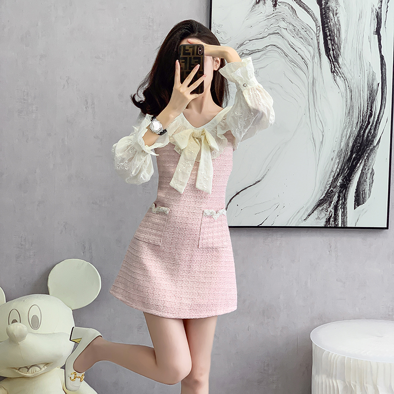 V-neck France style autumn show young dress for women