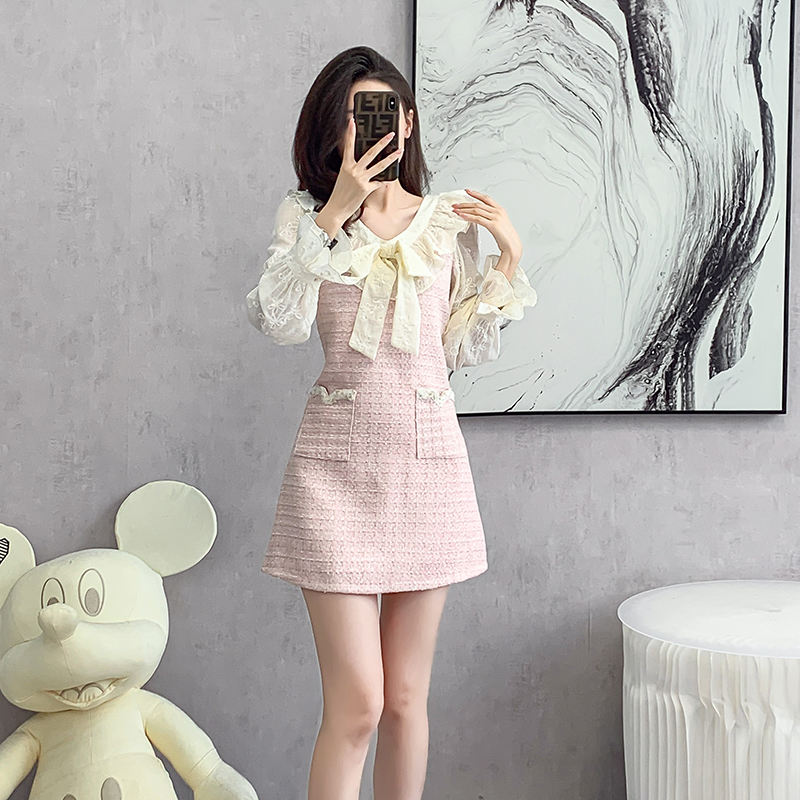 V-neck France style autumn show young dress for women
