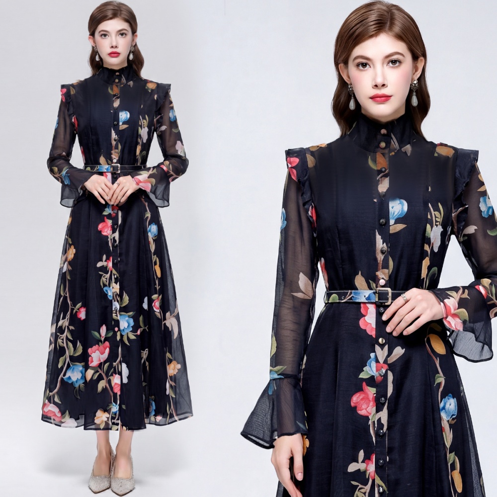 Pinched waist dress romantic style long dress for women