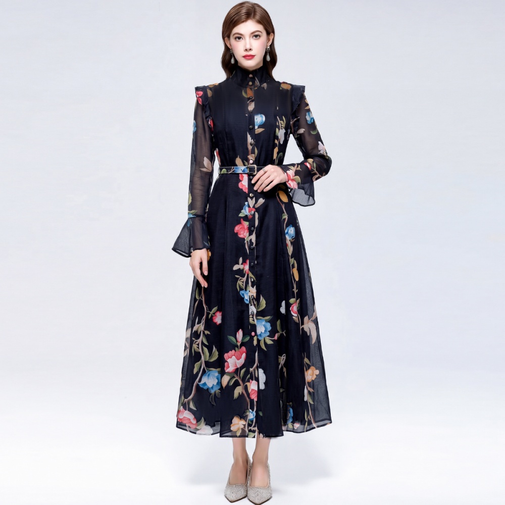 Pinched waist dress romantic style long dress for women