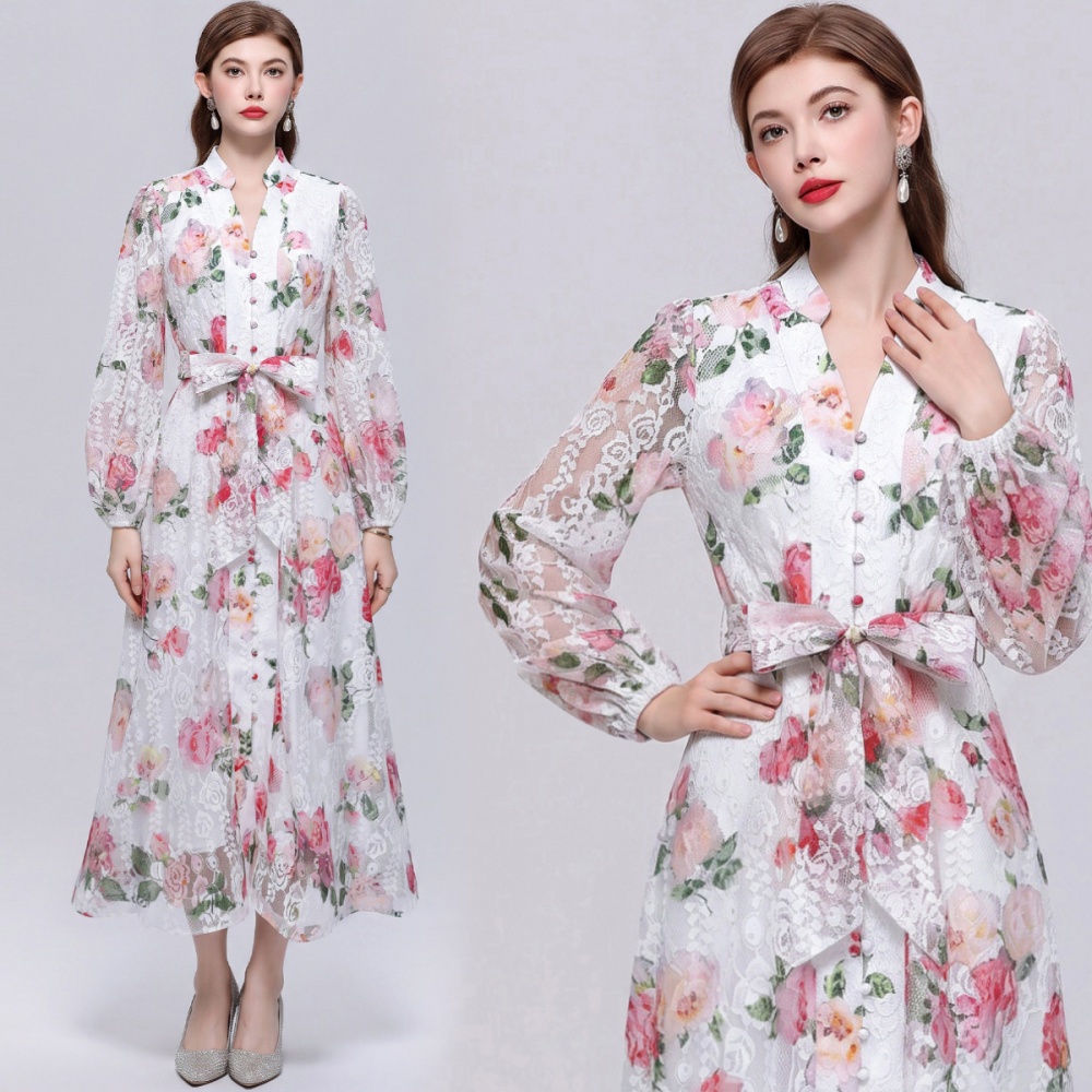 France style long sleeve printing dress for women