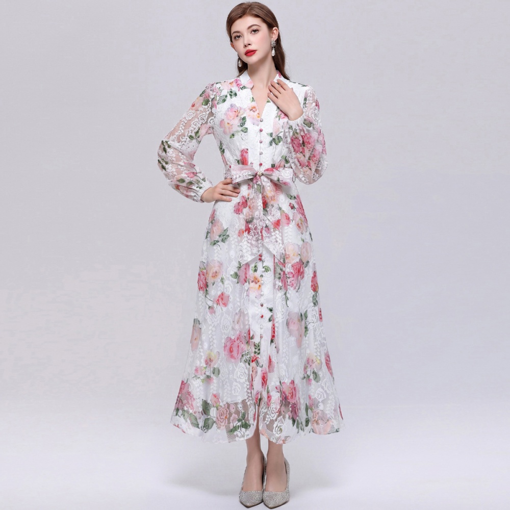 France style long sleeve printing dress for women