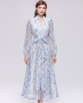 Pinched waist V-neck elegant printing dress for women