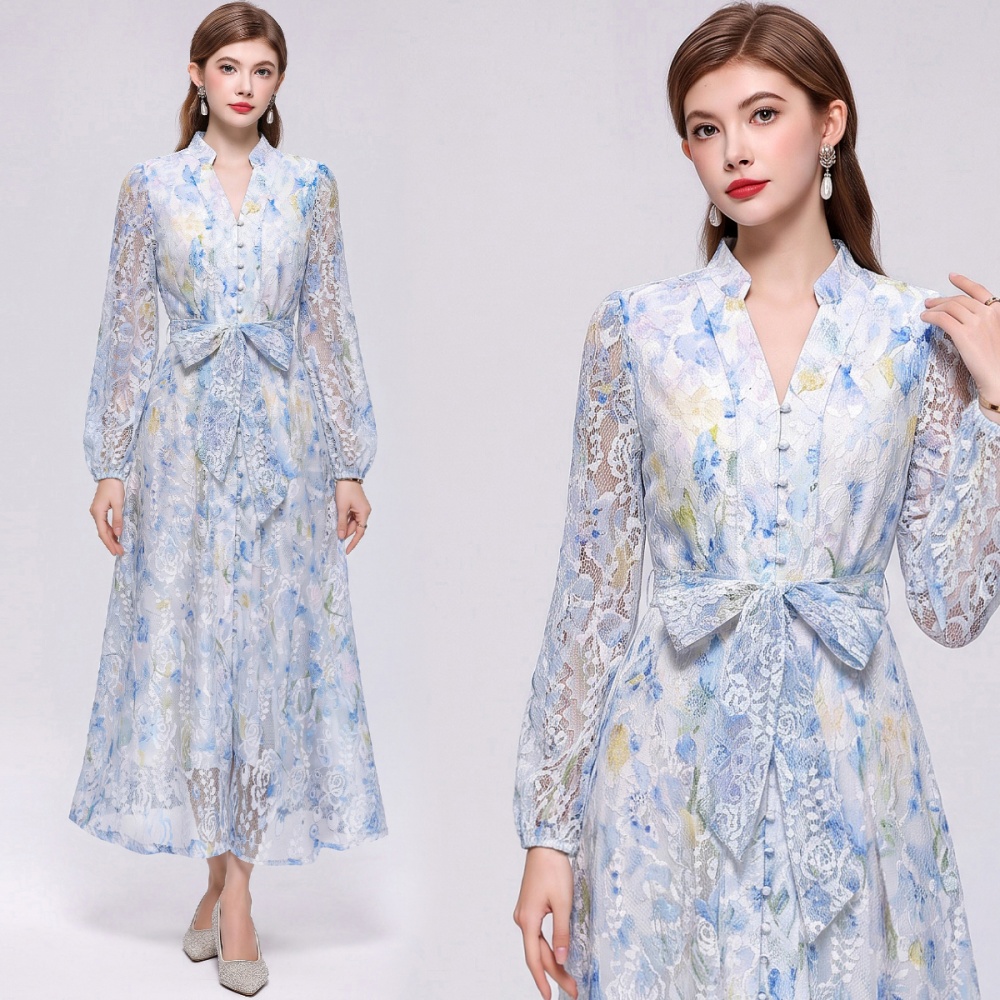 Pinched waist V-neck elegant printing dress for women
