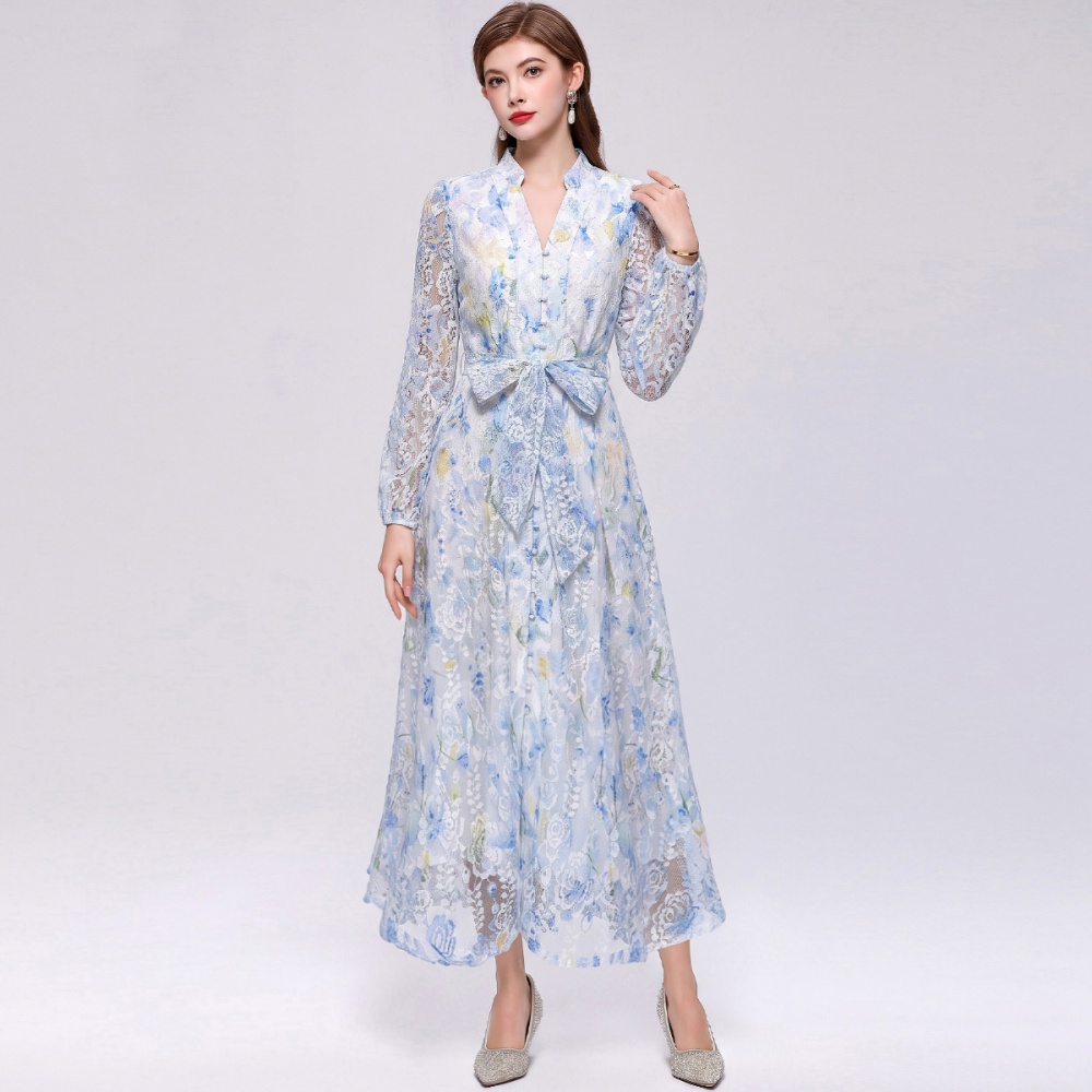 Pinched waist V-neck elegant printing dress for women