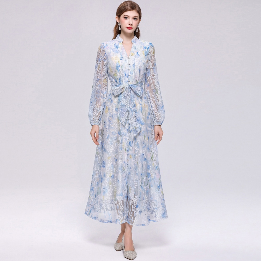 Pinched waist V-neck elegant printing dress for women