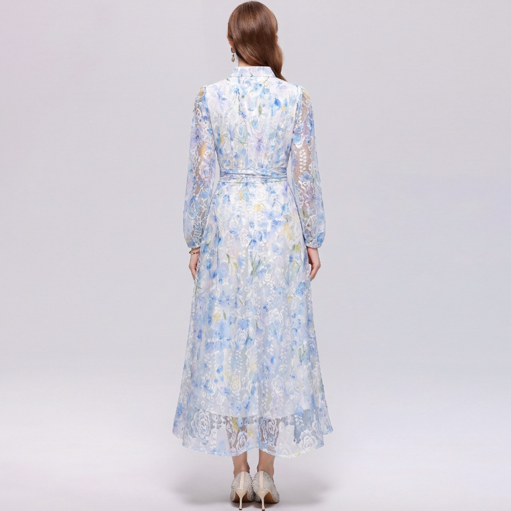 Pinched waist V-neck elegant printing dress for women