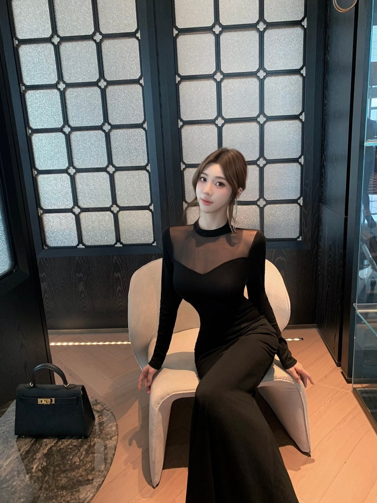 Package hip small high collar long dress long sleeve dress