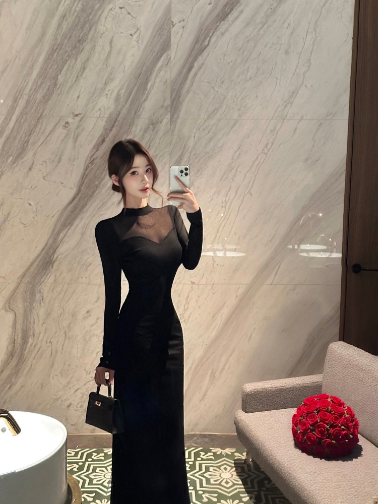Package hip small high collar long dress long sleeve dress