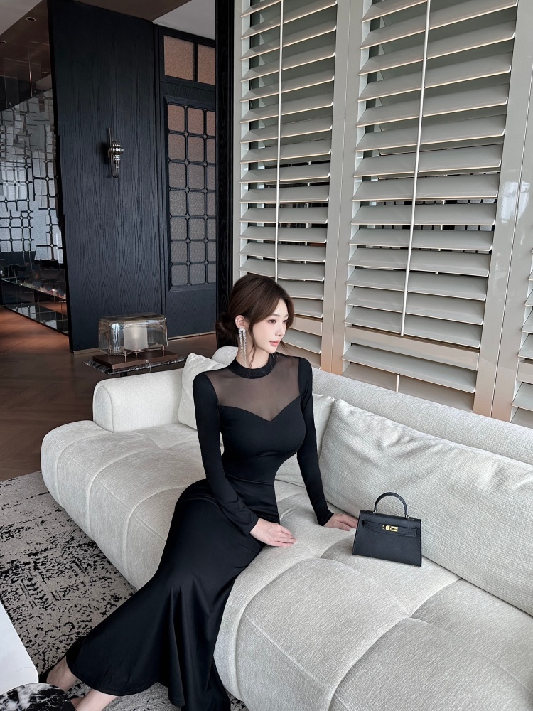 Package hip small high collar long dress long sleeve dress