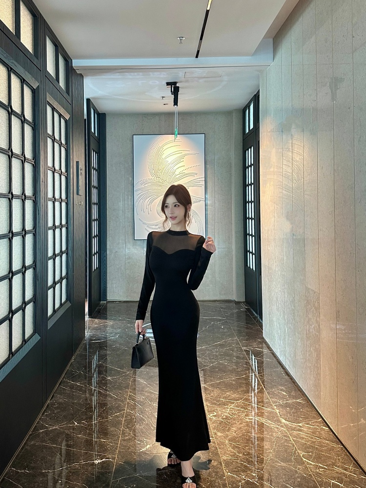 Package hip small high collar long dress long sleeve dress
