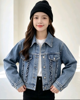Fungus short loose tops lapel lace denim jacket for women