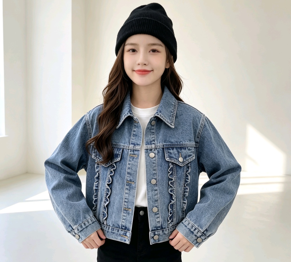 Fungus short loose tops lapel lace denim jacket for women