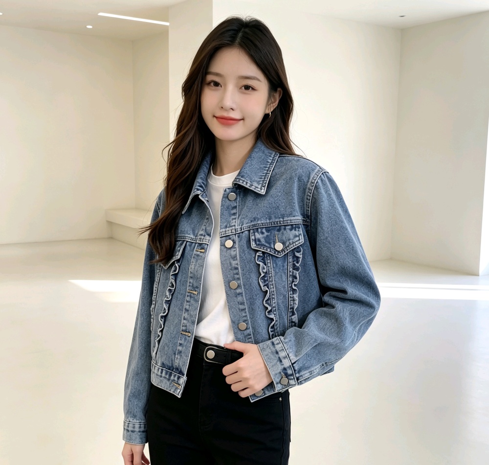 Fungus short loose tops lapel lace denim jacket for women