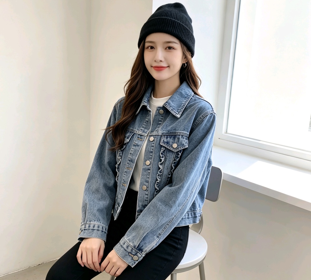 Fungus short loose tops lapel lace denim jacket for women