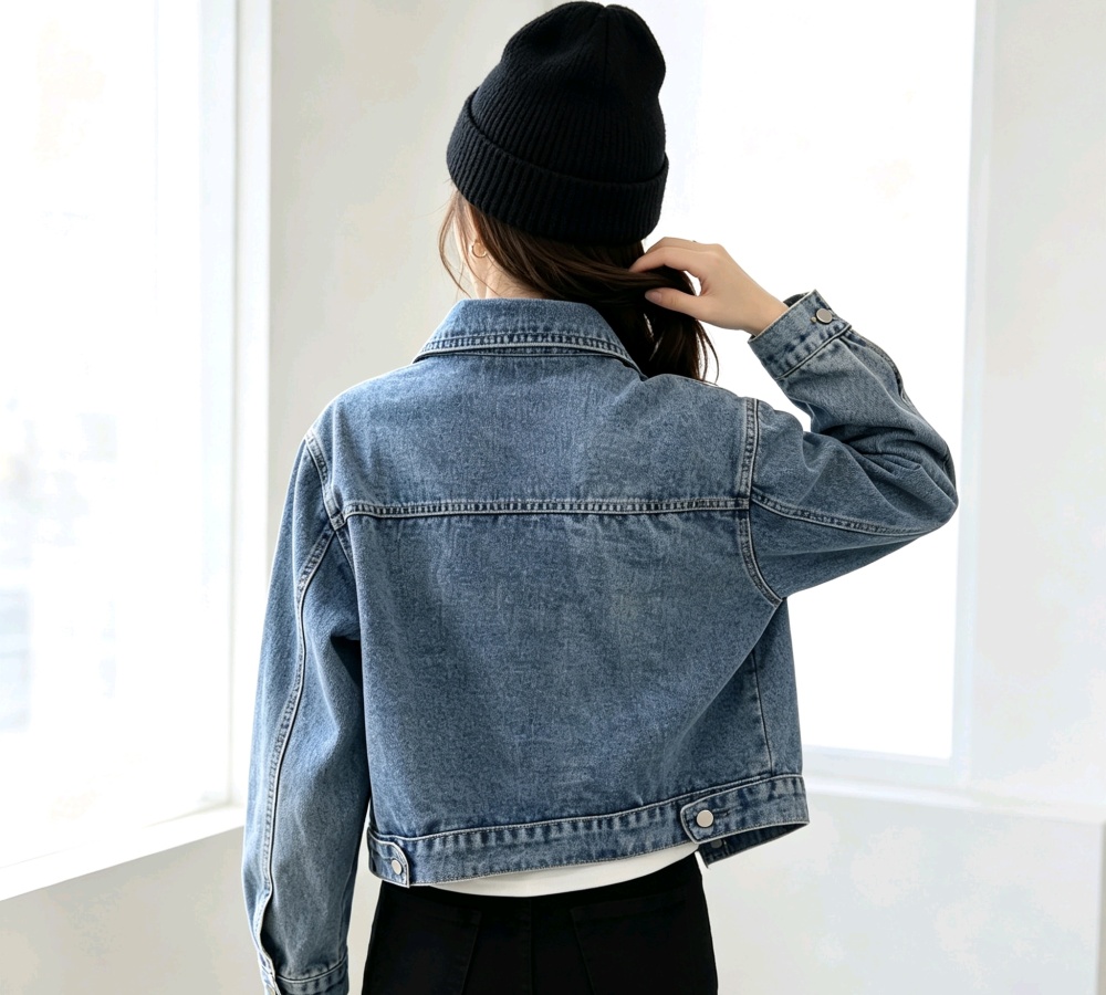 Fungus short loose tops lapel lace denim jacket for women