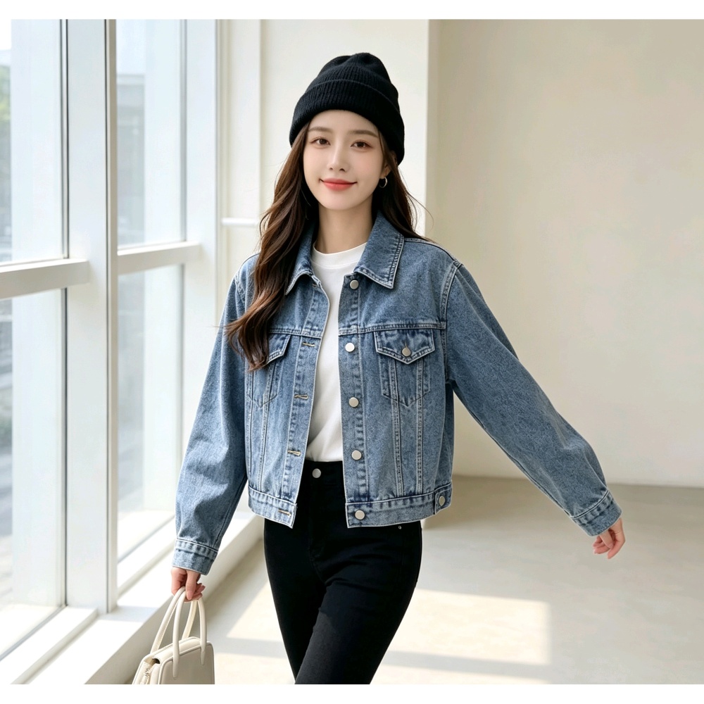 Fungus short loose tops lapel lace denim jacket for women