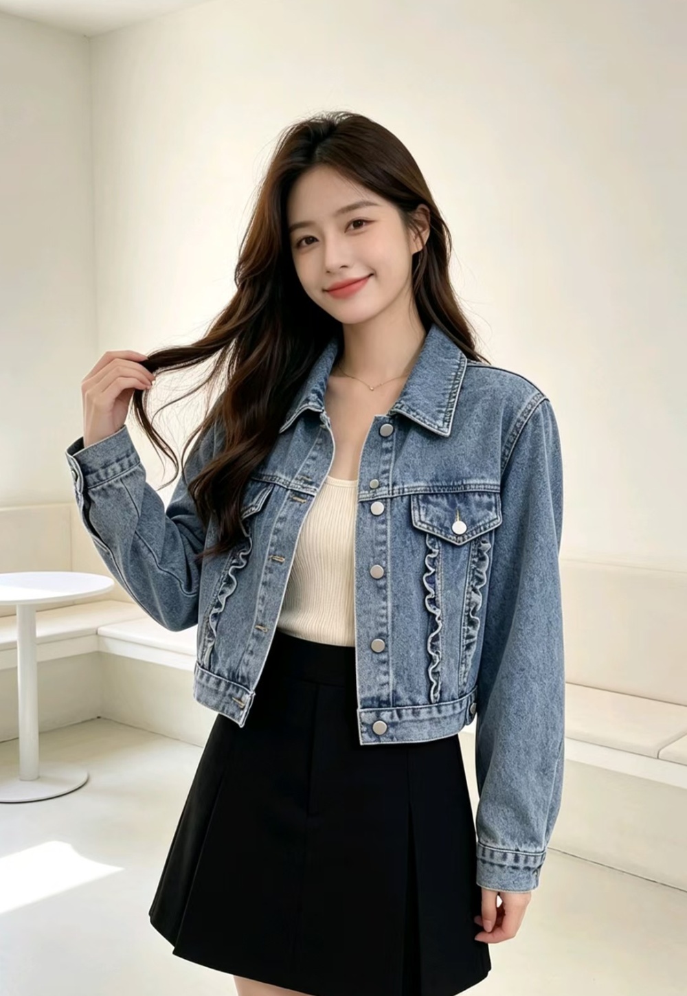 Fungus short loose tops lapel lace denim jacket for women