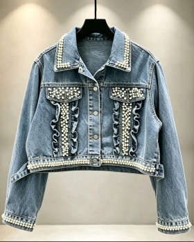 Pearl denim coat rhinestone retro tops