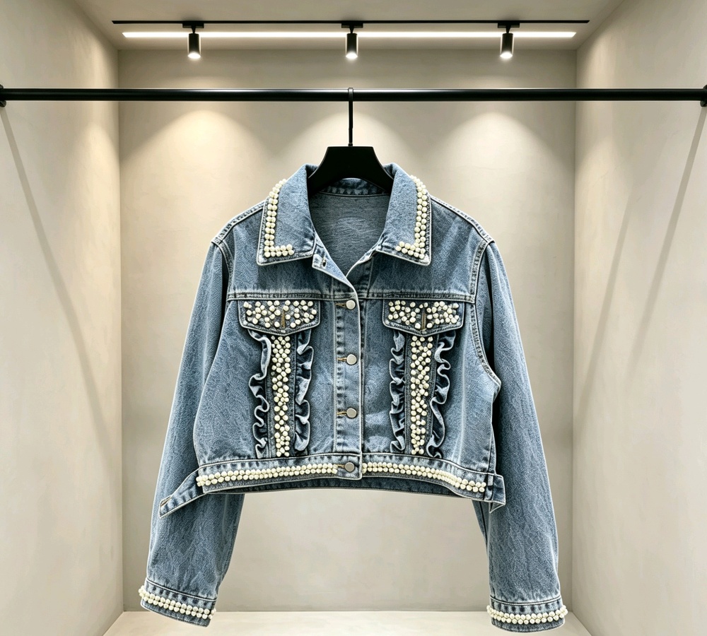 Pearl denim coat rhinestone retro tops