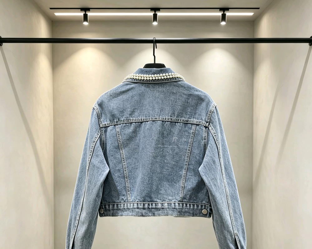 Pearl denim coat rhinestone retro tops