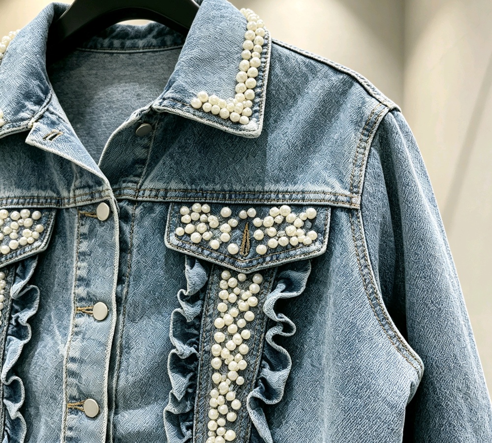 Pearl denim coat rhinestone retro tops