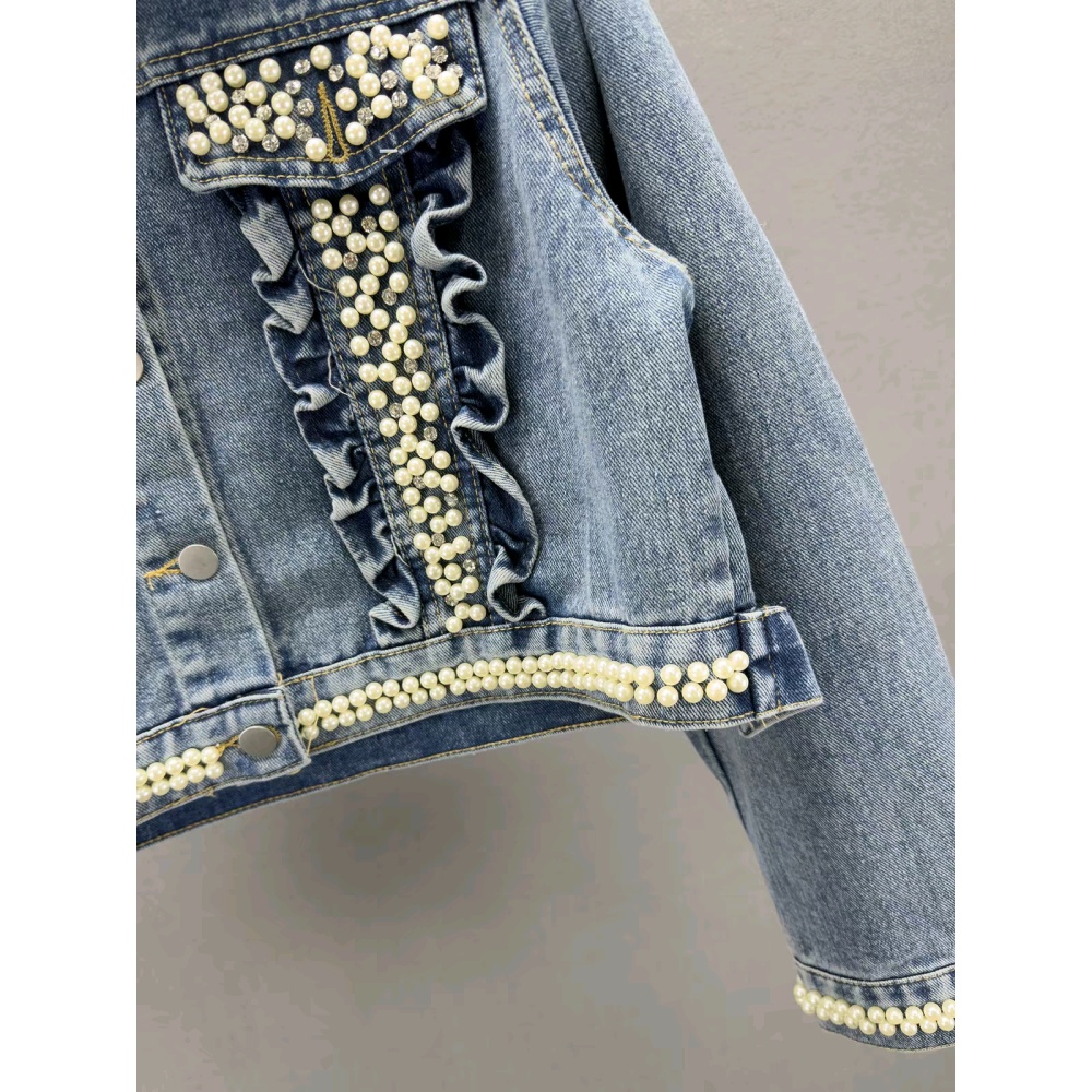 Pearl denim coat rhinestone retro tops