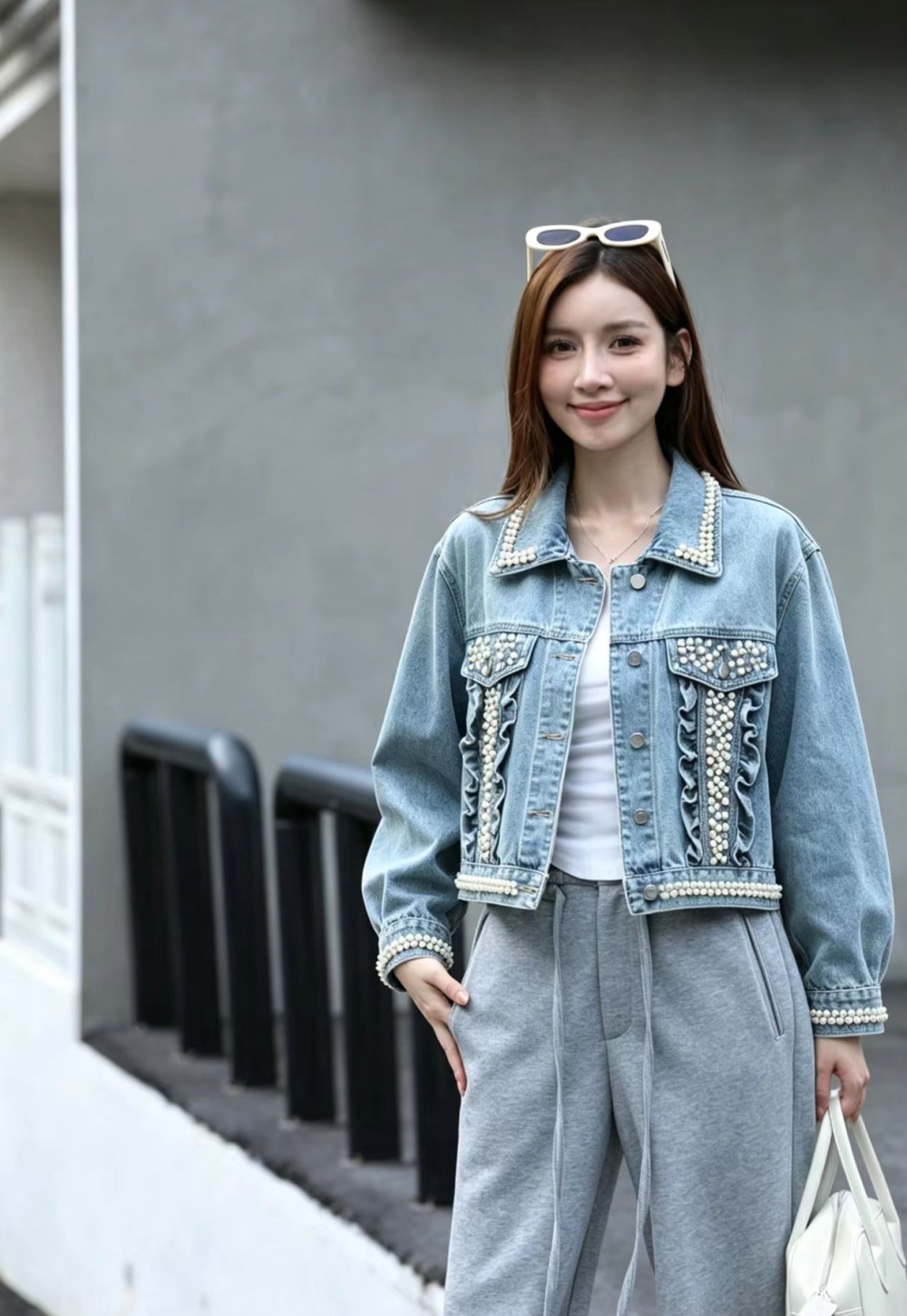 Pearl denim coat rhinestone retro tops