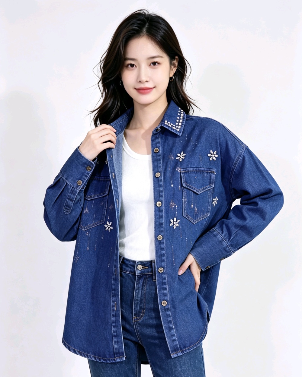 Rhinestone retro shirt denim Korean style coat